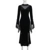 AltGoth Gothic Dark Halloween Velvet Dress Women Vintage Fairy Grunge Lace Patchwork Flare Sleeve High Waist Evening Party Dress