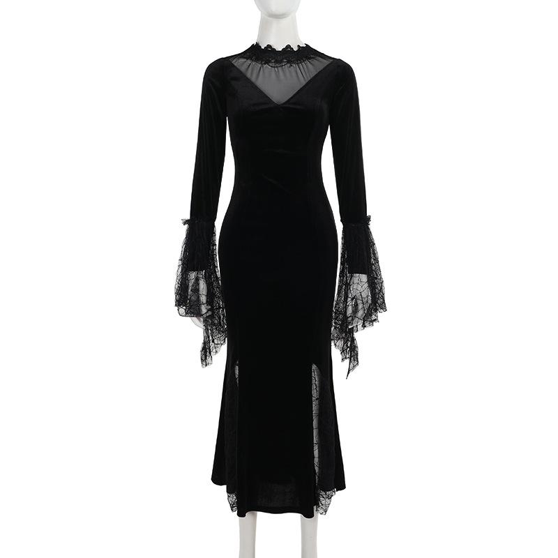 AltGoth Gothic Dark Halloween Velvet Dress Women Vintage Fairy Grunge Lace Patchwork Flare Sleeve High Waist Evening Party Dress