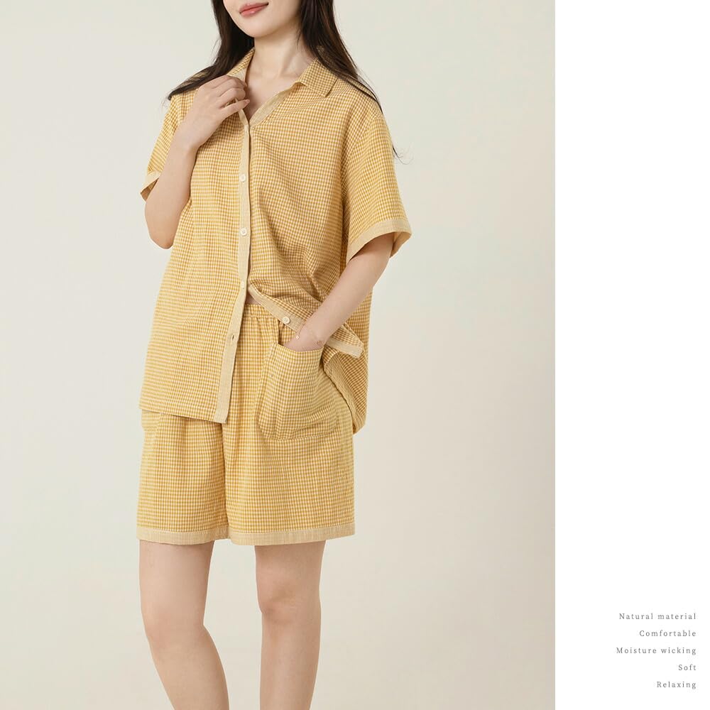 Yes Family Double Gauze Pajama Short Front Check Size Yellow Women's Set, 100% Cotton, Sleeves, Opening, Pattern, XL,