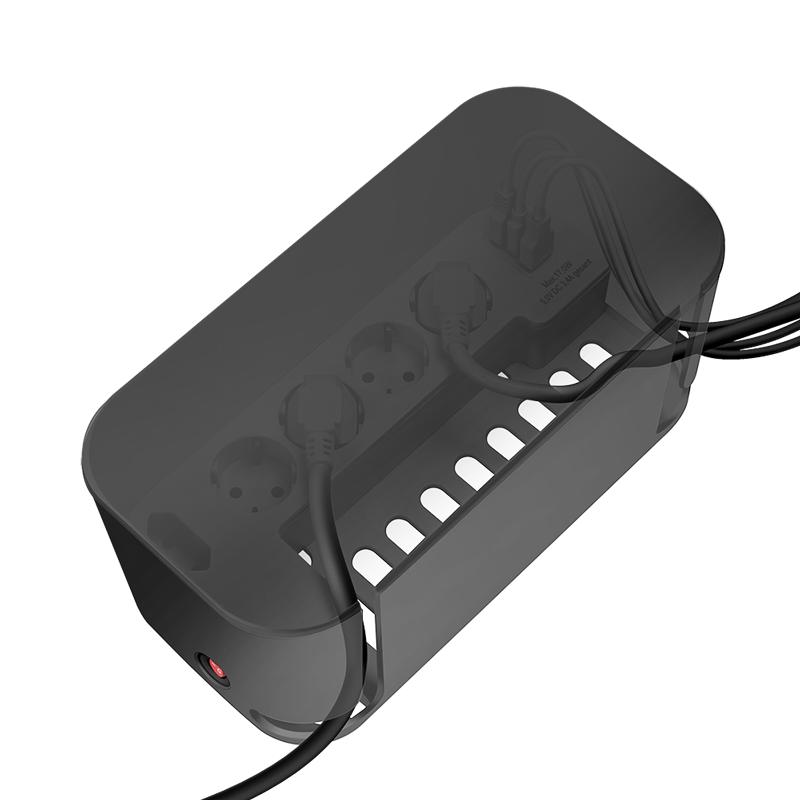 Cable Box with 5-Way Power Strip, 3x USB, 285x145x13 mm, Black