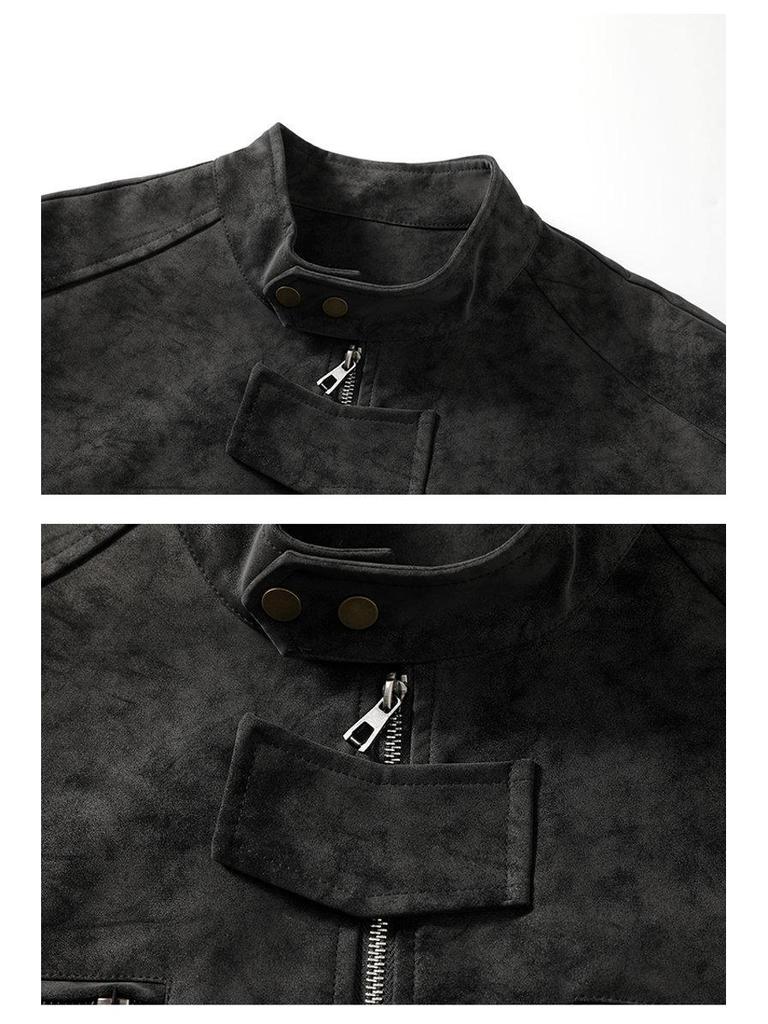 Men's American Retro PU Leather Stand Collar Motorcycle Jacket - Winter Style, Padded, Loose Fit, Versatile and Casual.