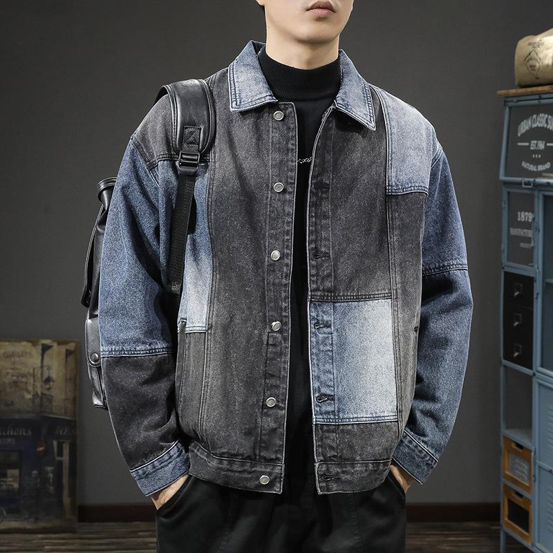 American Trendy Brand Contrasting Color Splicing Denim Jacket Men'S Loose Large Size Retro Washed Tooling Denim Jacket