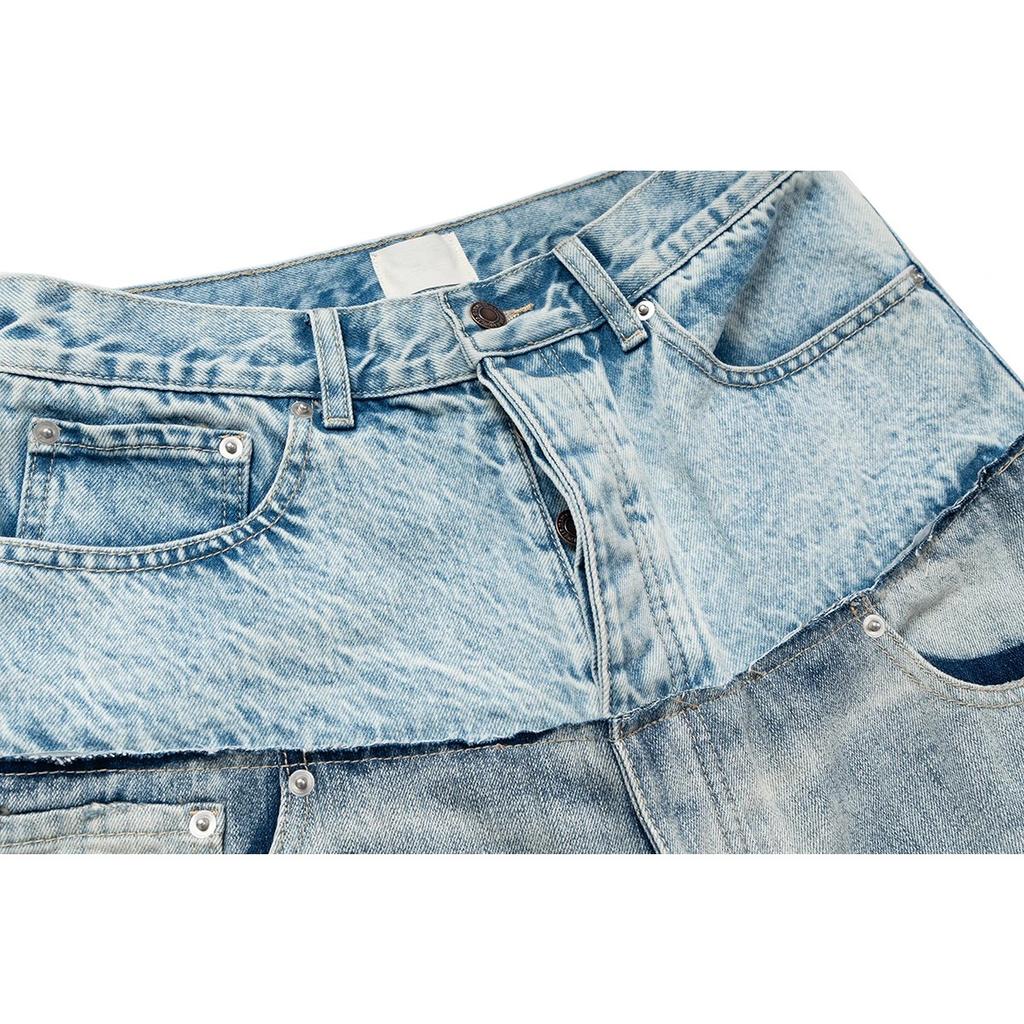 RogueWave CUT-UP Dobbeltlags Jeans med dobbel midje og patchwork-design for menn og kvinner. Rette, avslappede, løse denimbukser i oversized størrelse.