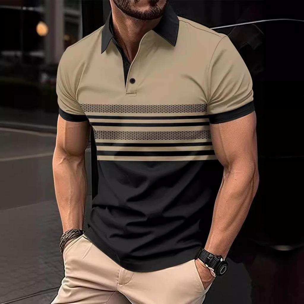 Summer New Men's Daily Sports Casual Stripe Printed Lapel Short Sleeve Pullover Shirt