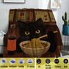 Black Cat & Noodles Print Throw Blanket - Cute Japanese Anime Motif Soft Lightweight Accent for Sofa Bed Travel Office Gift