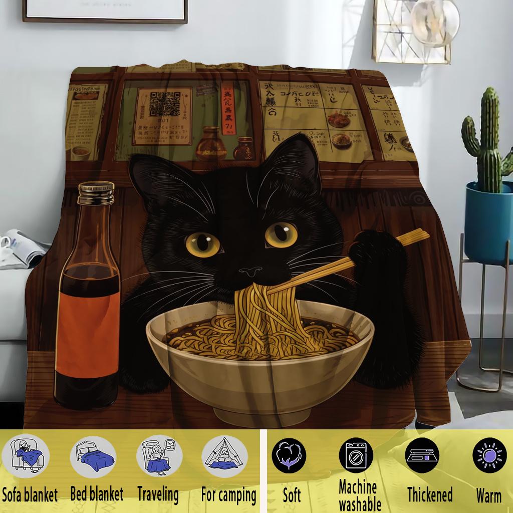 Black Cat & Noodles Print Throw Blanket - Cute Japanese Anime Motif Soft Lightweight Accent for Sofa Bed Travel Office Gift