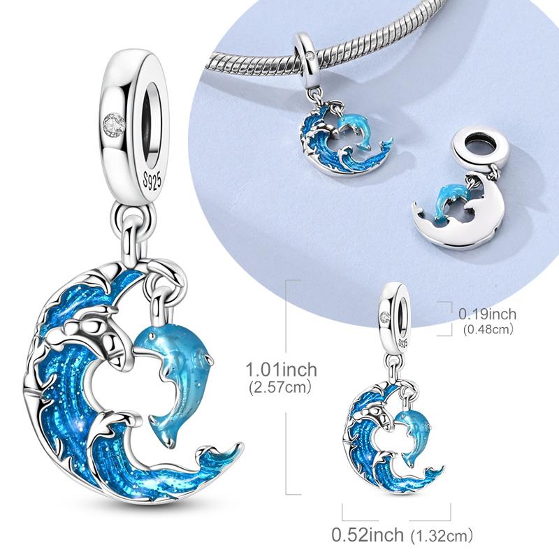 925 Silver Dolphin Pendant Charm Bead with Blue Waves Design for Women DIY Jewelry Bracelet Necklace Gift Accessories