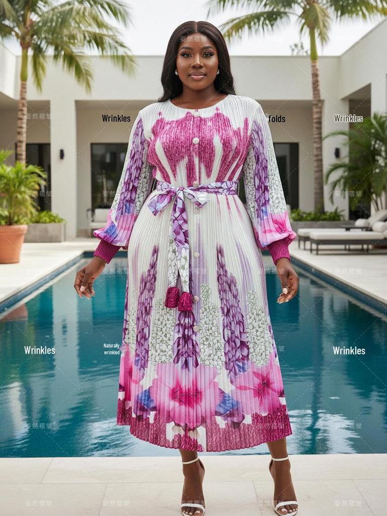 Plus Size African Women's Pleated Dress - Miyake Style, Printed, Lace-up Waist, Elegant Long Fit, Slimming (2026 Collection)