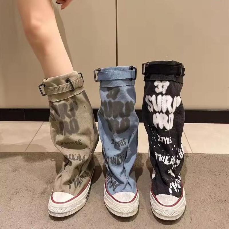 

Women s Spring Graffiti High Canvas Boots Round Head Middle Follow Anti Slip Boots Women Leisure Fashion Rubber 34EU/CN35 хакі