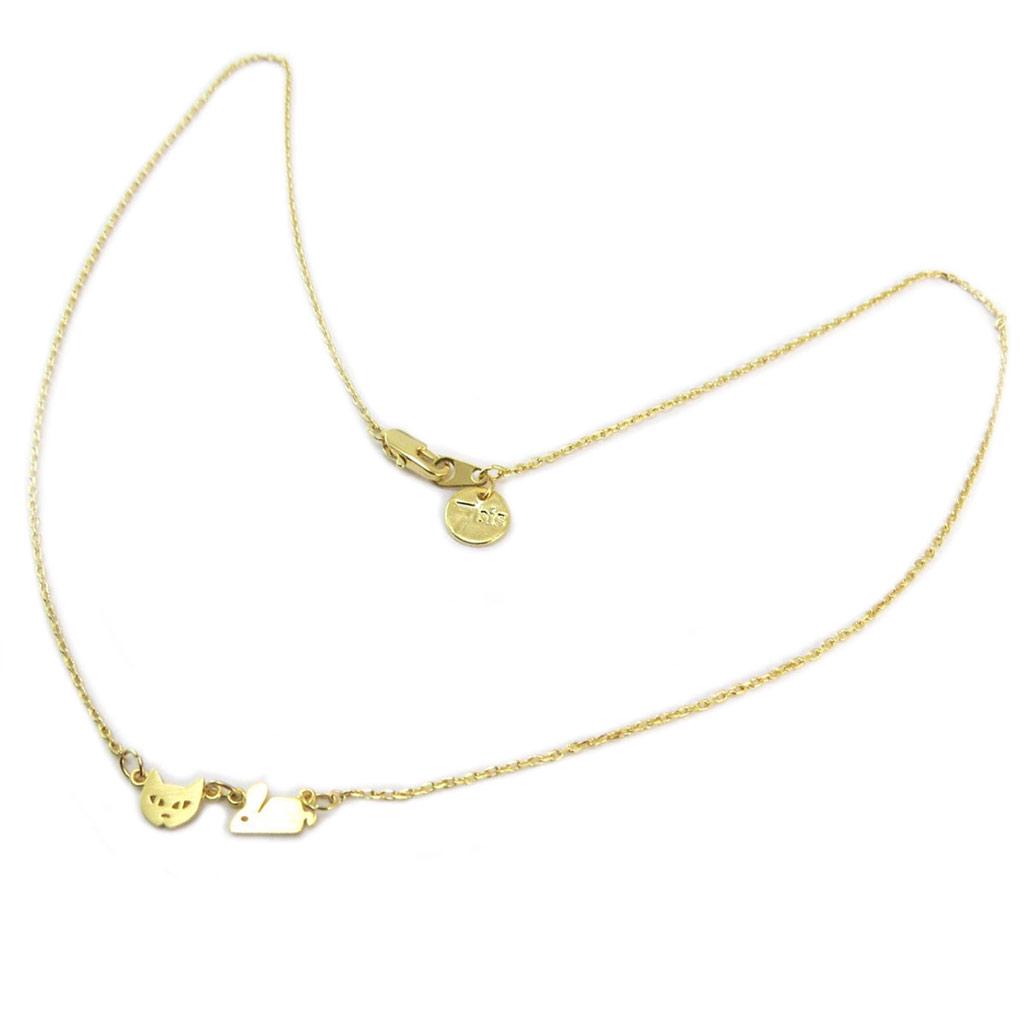 7bis [P6943] - Handmade Gold 'Cat & Mouse' Necklace - Mouse 7x4 Mm - Cat 5x6 Mm