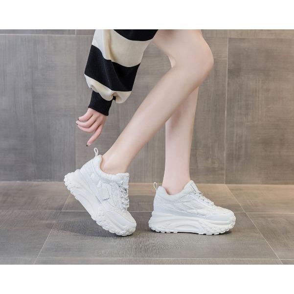 Silver Leather Platform Shoes Women's Luxury Thick Sports 7cm Lace Up Slip On Sneakers Plus Size