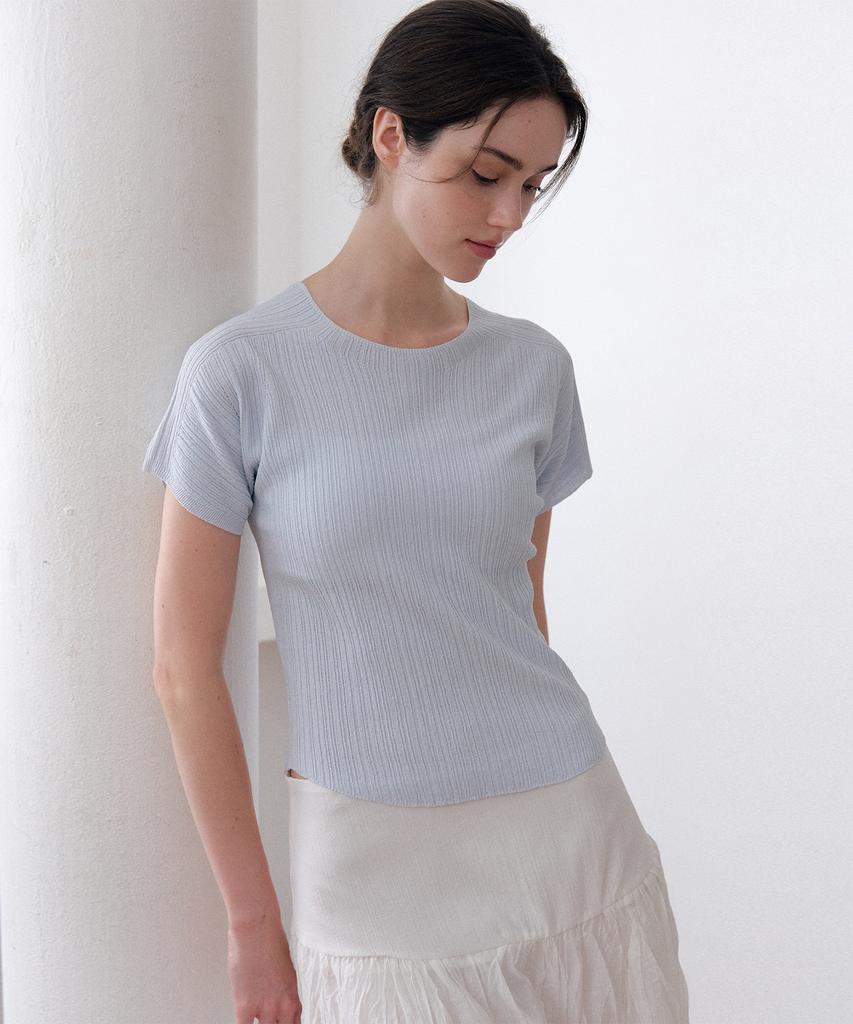 Meojiaenminggeul Arin Wholegarment Pleats Short Sleeve Knit Top (Cotton Blue)