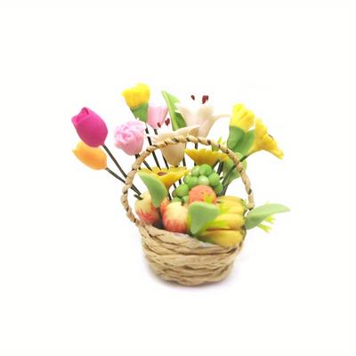 1:12 Miniature Clay Round Fruit Flower Basket Fruit Basket Model Garden Balcony Micro Landscape Decoration Collection