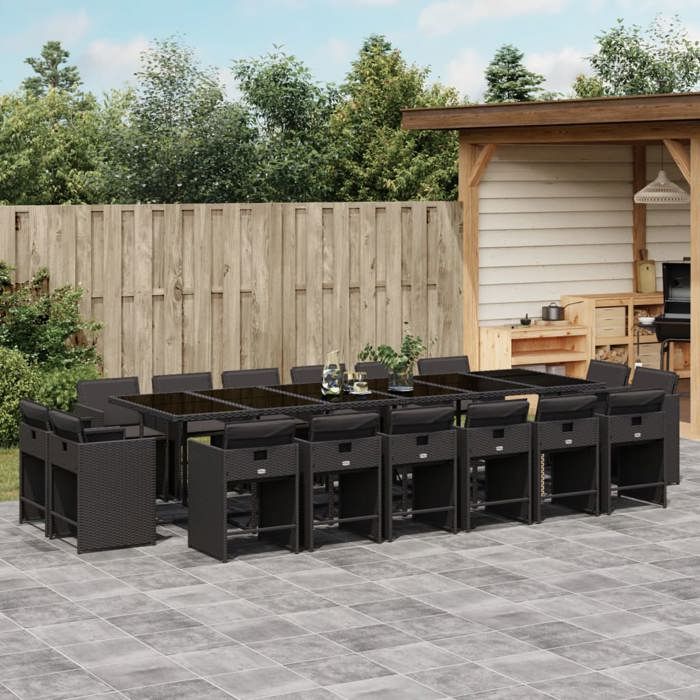 VidaXL Garden Dining Set 17 Pcs Cushions Black Braided Resin 3278010