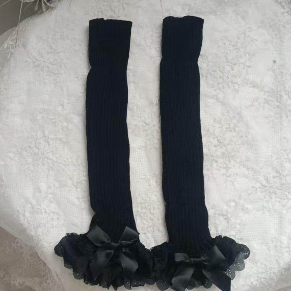 Gestrickte Beinwärmer mit Schleifenakzent, mehrlagiger Rüschensaum, hohe Socken für Lolita-Mädchen