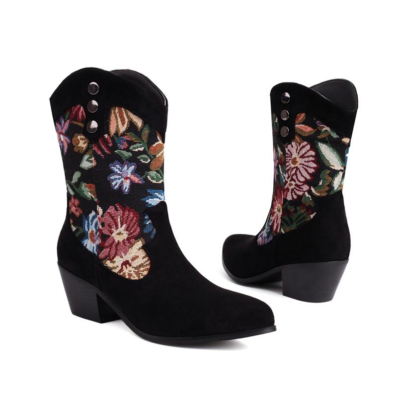 FOREADA Stivaletti da Cowboy Corti da Donna Punta Tonda Tacco Alto Spesso Ricamo Floreale Stivali da Cowgirl Occidentali Scarpe da Donna Invernali 43