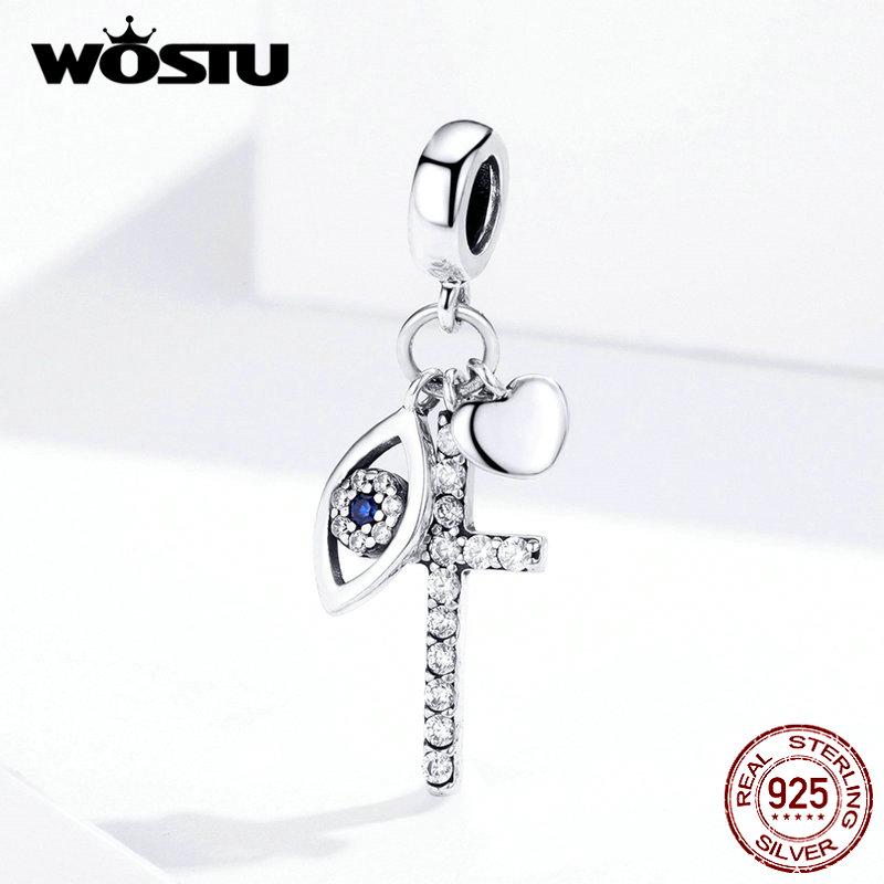 WOSTU Real 925 Sterling Silver Cross Eyes Charm Heart Beads Fit Original Bracelet Bangles Pendant Silver 925 Jewelry CQC1327