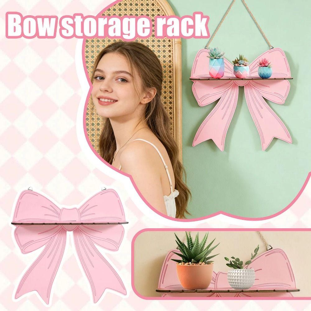 Pink Bow Wall Mounted Shelf Wooden Holder Wood Storage Rack  Valentine's Day Decoration