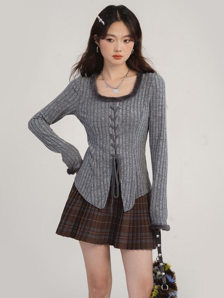 Bandáž Stahovací šňůrka Pletený Cardigan Ženy Podzim Zima Vintage Split Cardigans Korejská móda Y2k Svetry Spodní část Košile Top