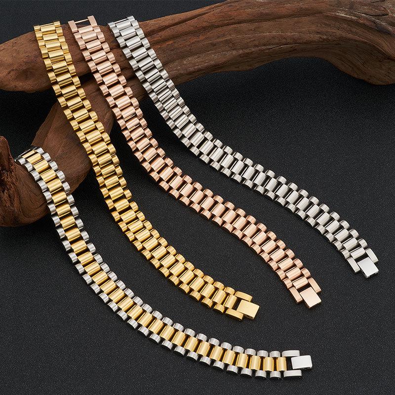 15mm Gold Stainless Steel Men's Watch Band Bracelet - Adjustable Titanium Steel Jewelry