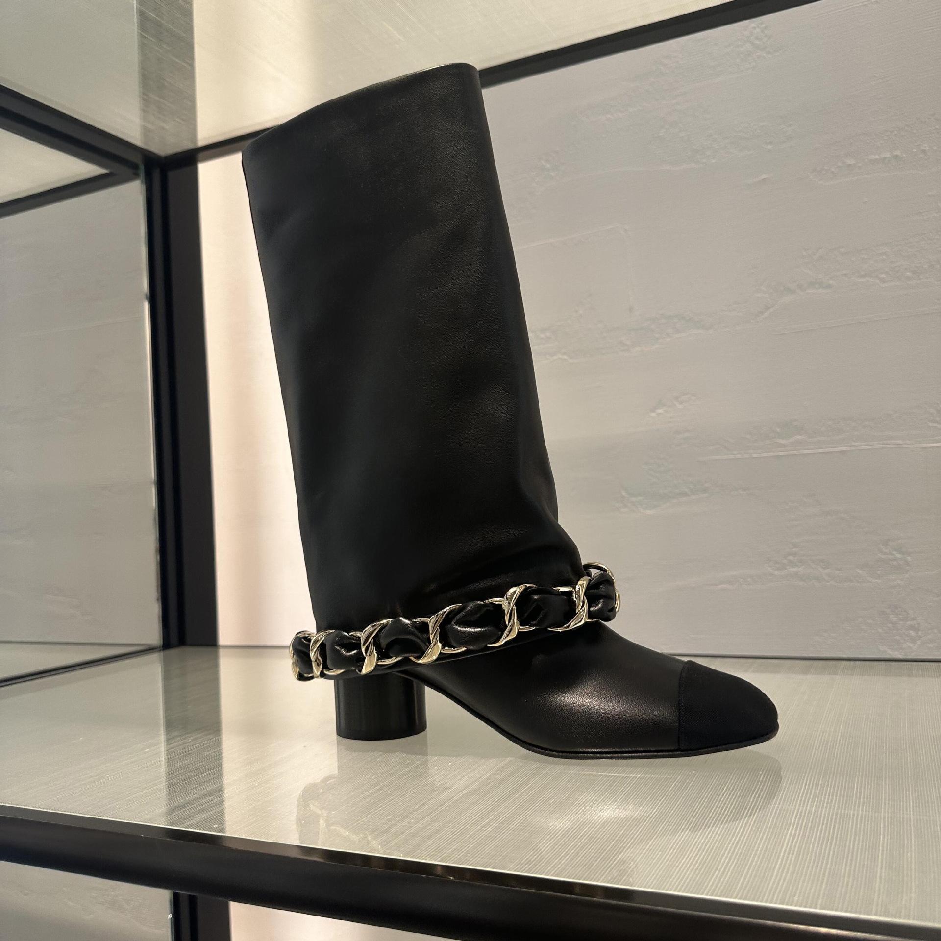 

Версия из овчины~ Кожаные ботильоны на среднем каблуке с цепочкой в стиле Сяосянфэн, ботфорты-чулки, женские тонкие рыцарские ботинки, ботинки на толстом каблуке 40 чёрный