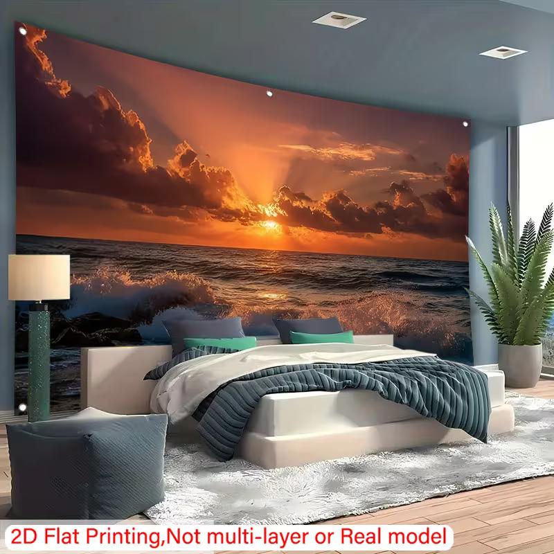 2D Tropical Sunset Tapestry, Crashing Ocean Waves for Bedroom Decor
