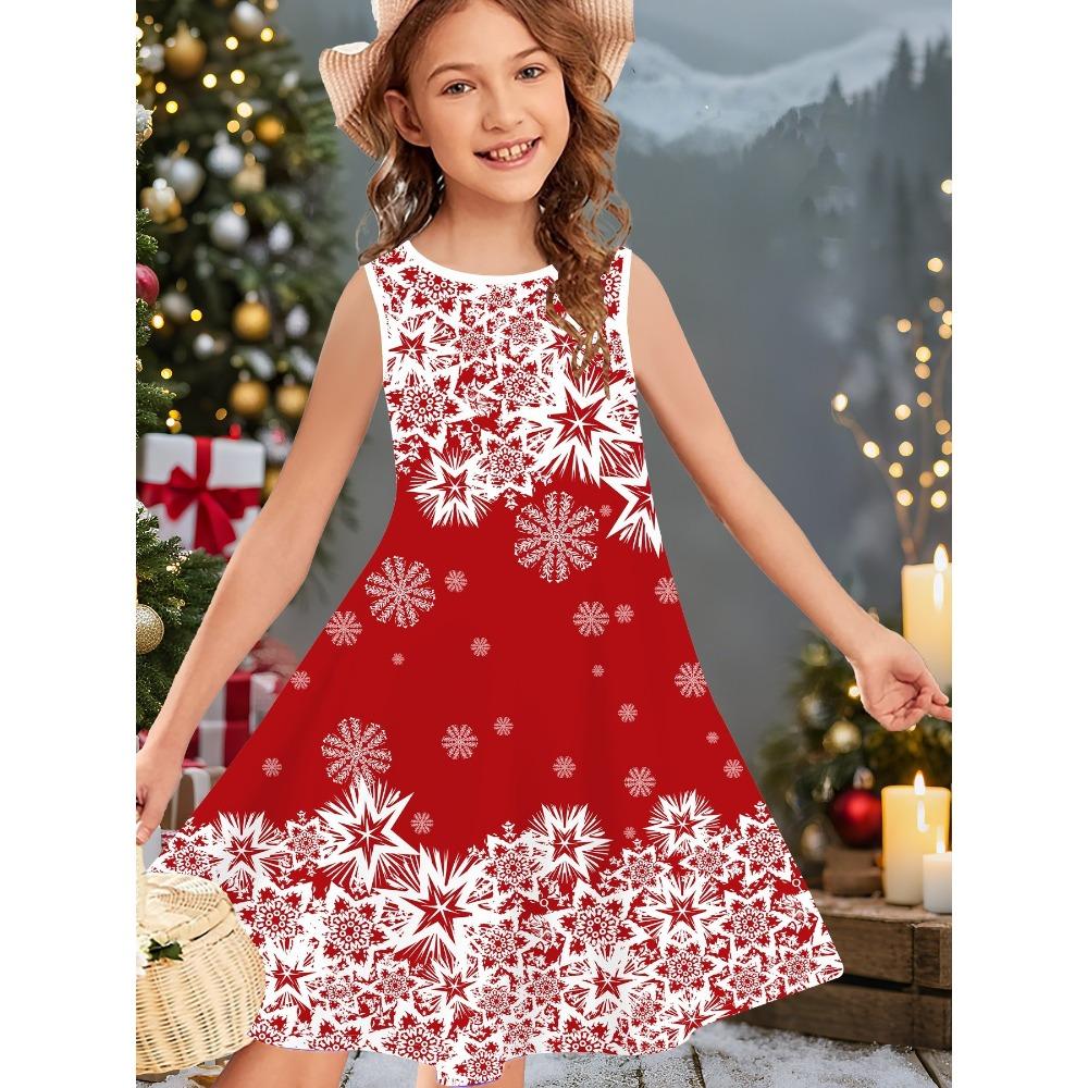 Girl's Summer Cute Christmas Print Sleeveless Vest Dress Fashionable Round Neck Casual Comfortable Soft Breathable Mini Dress