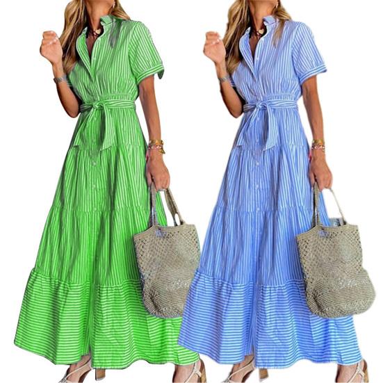 Lockeres Damenkleid Figur zeigen Baumwollmischung Einreiher Streifen Hemdkleid