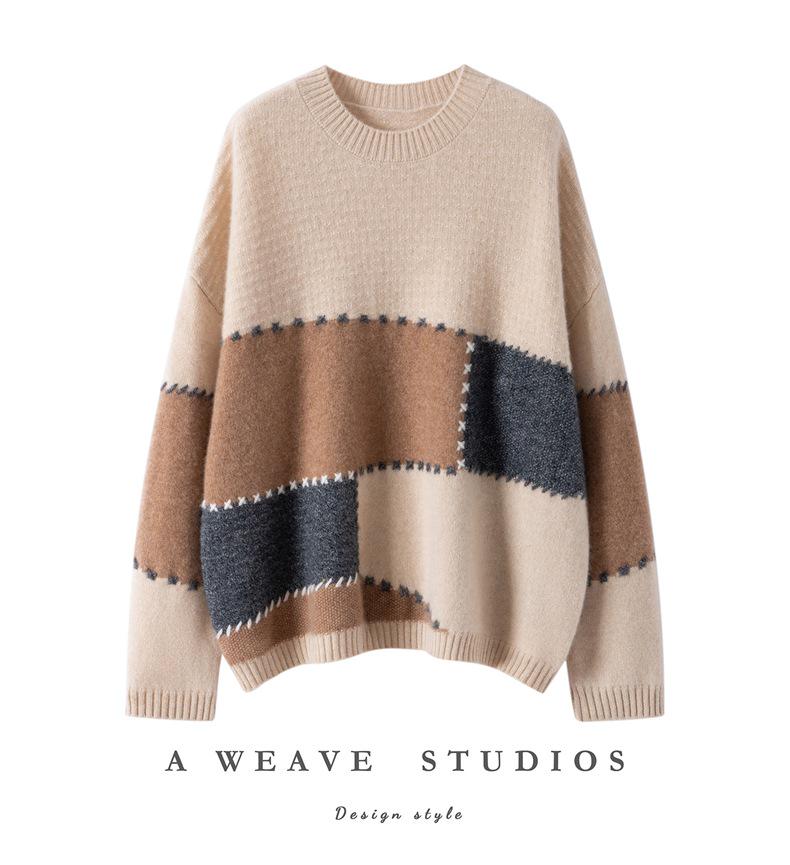 Women's Cashmere Color Block Knit Sweater, Autumn & Winter Half-High Neck, Warm & Gentle Style