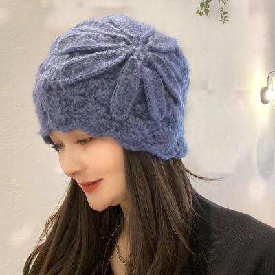 Handmade Crocheted Headgear, White Hair Wool Hat, Autumn and Winter Cold-proof and Warm Hat, Women's Hollow Knitted Hat, Melon Fur Hat