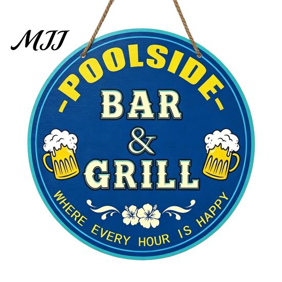 Beach House Decoration Summer Pool Wooden Hanging Sign, Weather Resistant Solid Wood Plaque with Sign Hemp Rope for Outdoor Party And Swimming Decor
