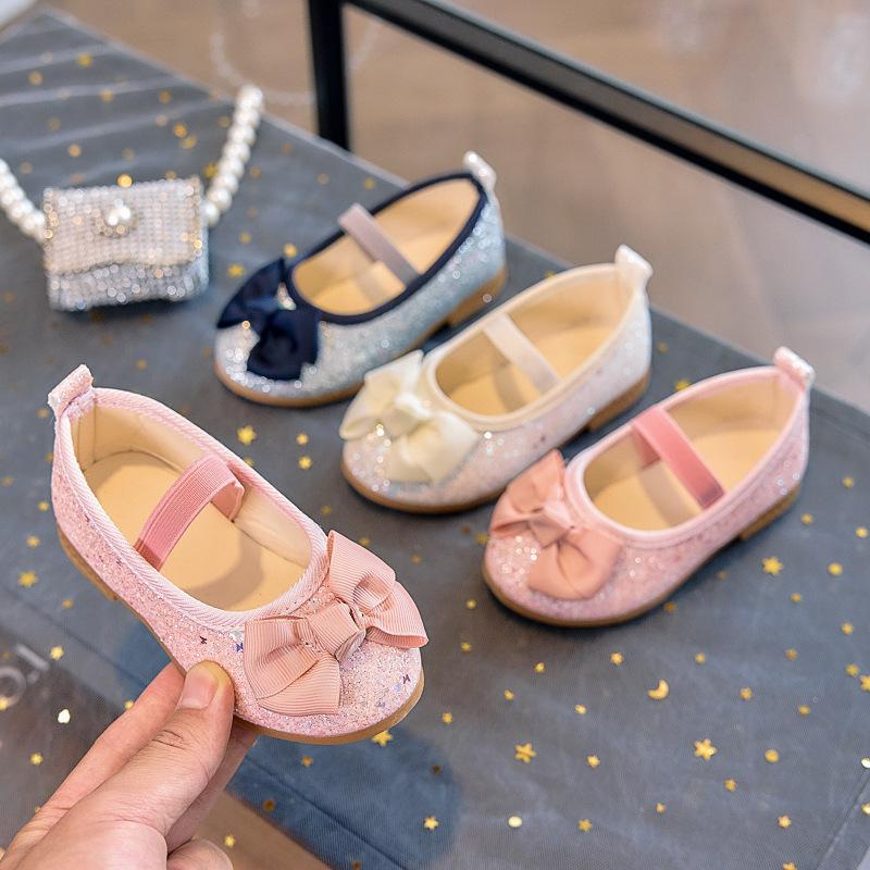 Spring and Autumn Girls' Fashionable Shallow Mouth Sequined Bow Breathable and Comfortable Soft-soled Leather Shoes