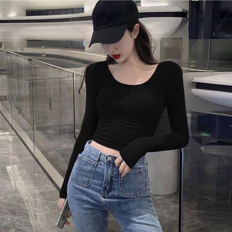 Women's Sexy Black Deep U-Neck Long-Sleeve Cropped T-Shirt