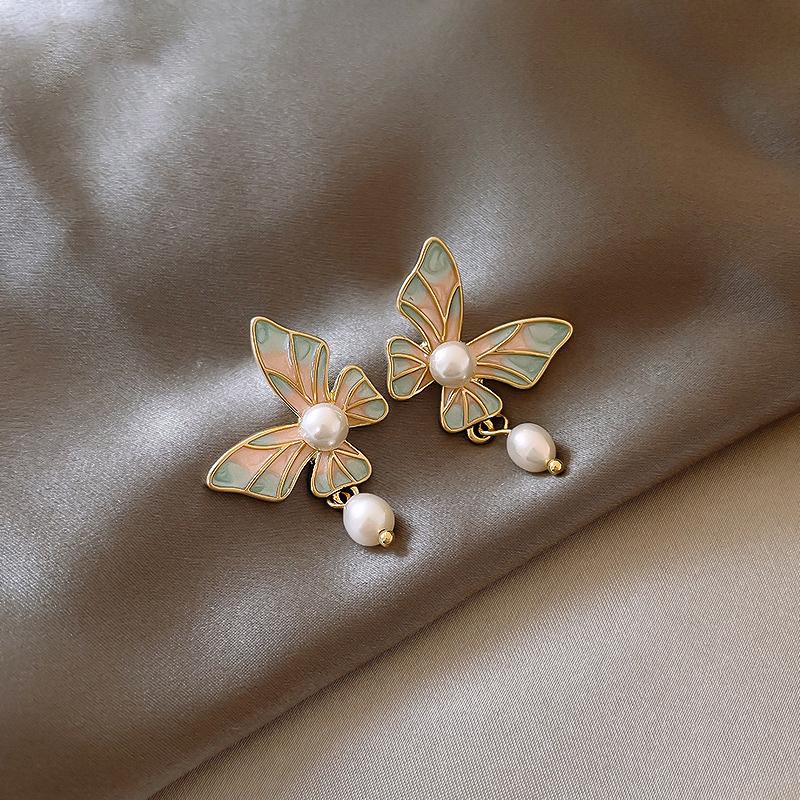 Cercei din Argint S925 cu Fluture, Perlă și Smalț pentru Femei - Stil Retro Coreean