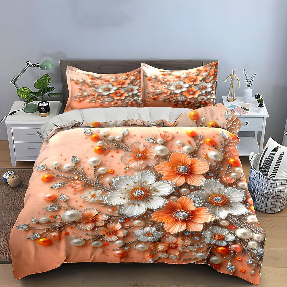 Floral Pearl Gem Art Design Bedding Duvet Cover Set (1*Duvet Cover 2*Pillowcases, Without Duvet Insert)