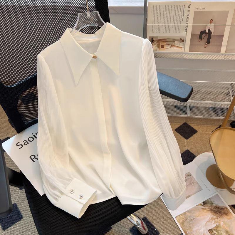 

Женская белая шифоновая блузка с длинным рукавом на весну и осень 2025 года: Простой, Универсальный и Стильный с Воротником с Характером. S (80-95 jin) грязно-белый