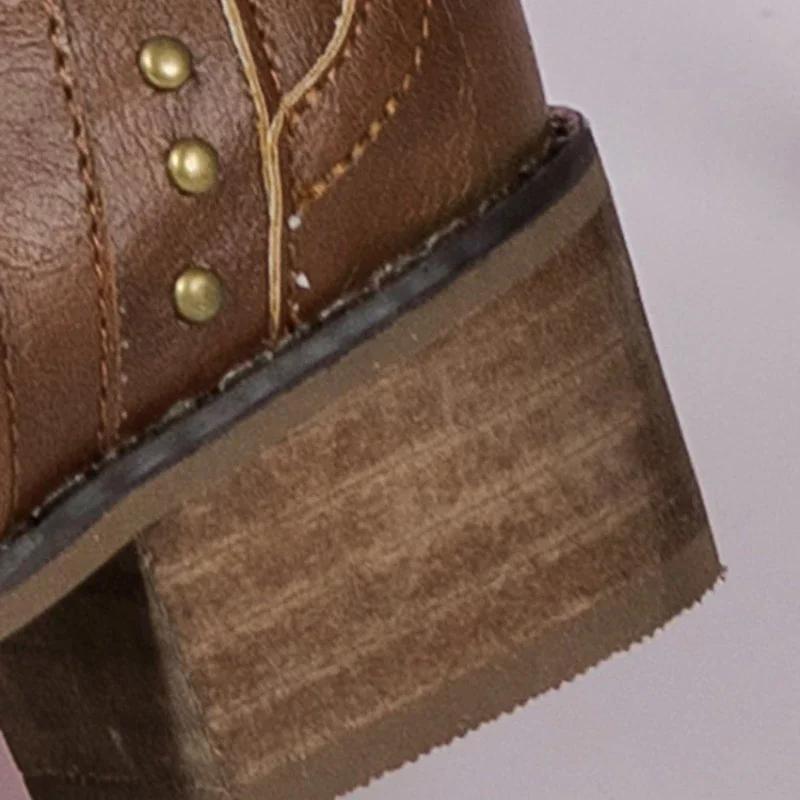 Retro Rivet Mid Calf Cowboy Boots for Women  Autumn  Chunky Heels Western Boots Woman Slip On Pointed Toe Cowgirl Boras