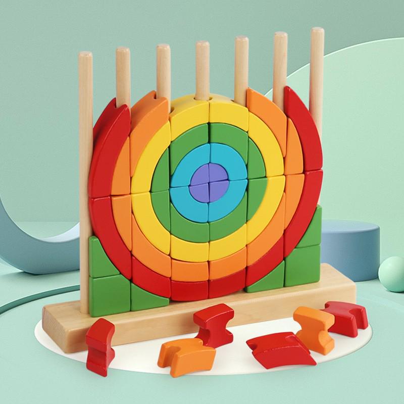 Rainbow Stackable Wooden Geometric Shapes - Baby Educational Toy Rings
