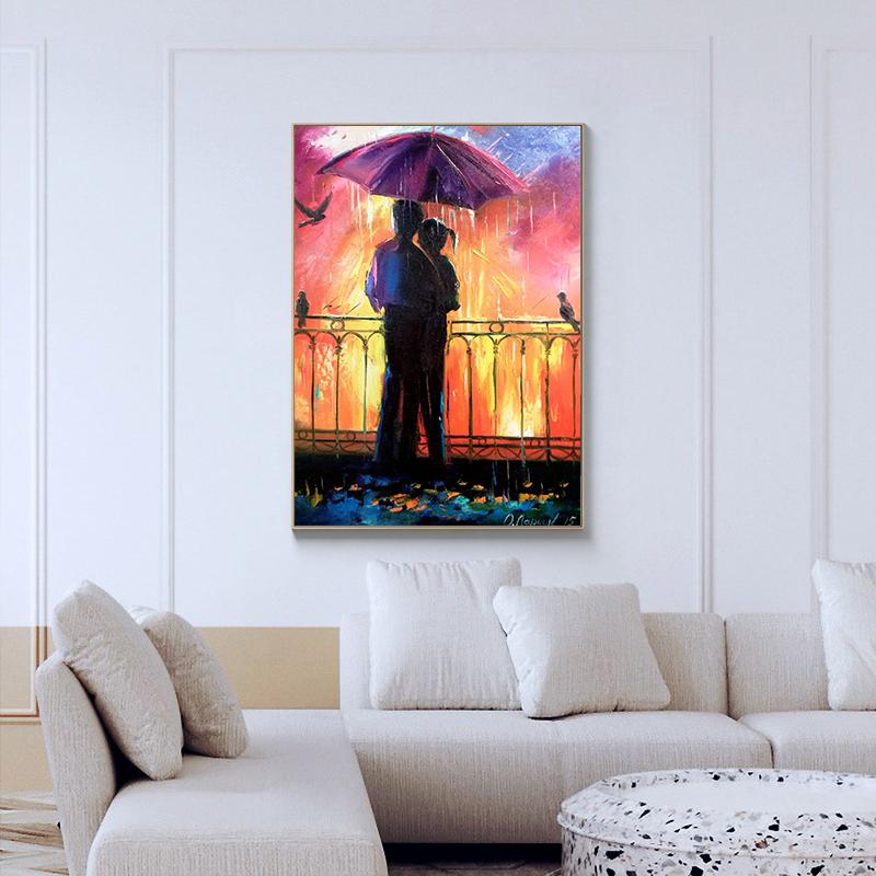 Nordycki Jesienny Deszczowy Pejzaż Plakat Płótno Obraz Olejny Zakochani Spacerujący Obraz Ścienny do Nowoczesnego Salonu Dekoracja Domu