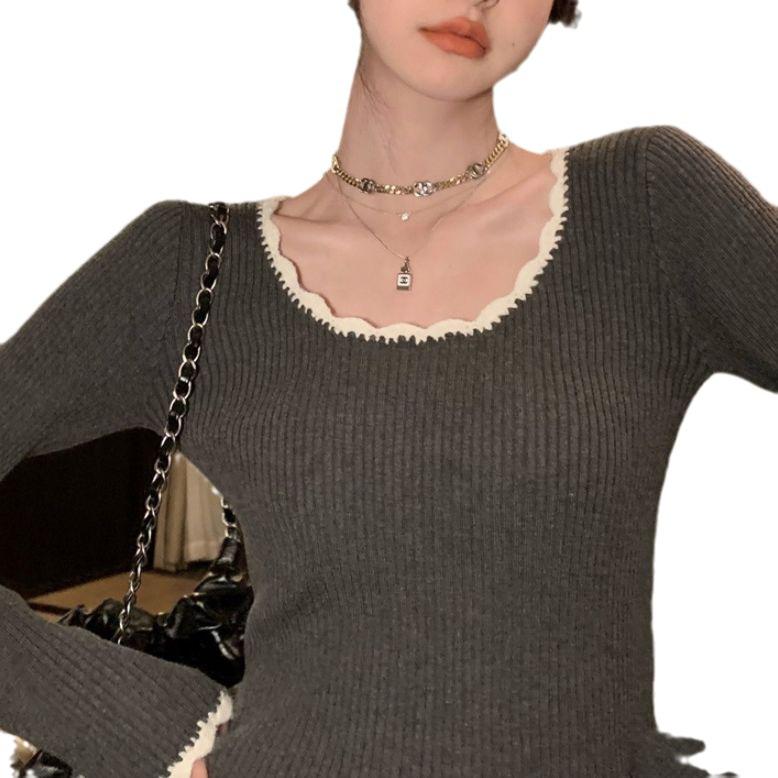 Round Neck Retro Temperament Contrasting Color Slim Fit Base Top Knitted Pullover Sweater