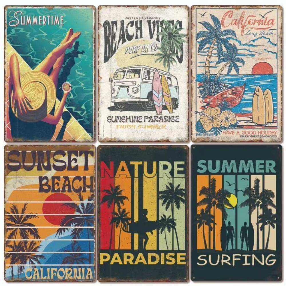 Vintage Tin Art of Summer Surfboards: Ideal for American Bar Backdrops and Home Decor Wall Murals