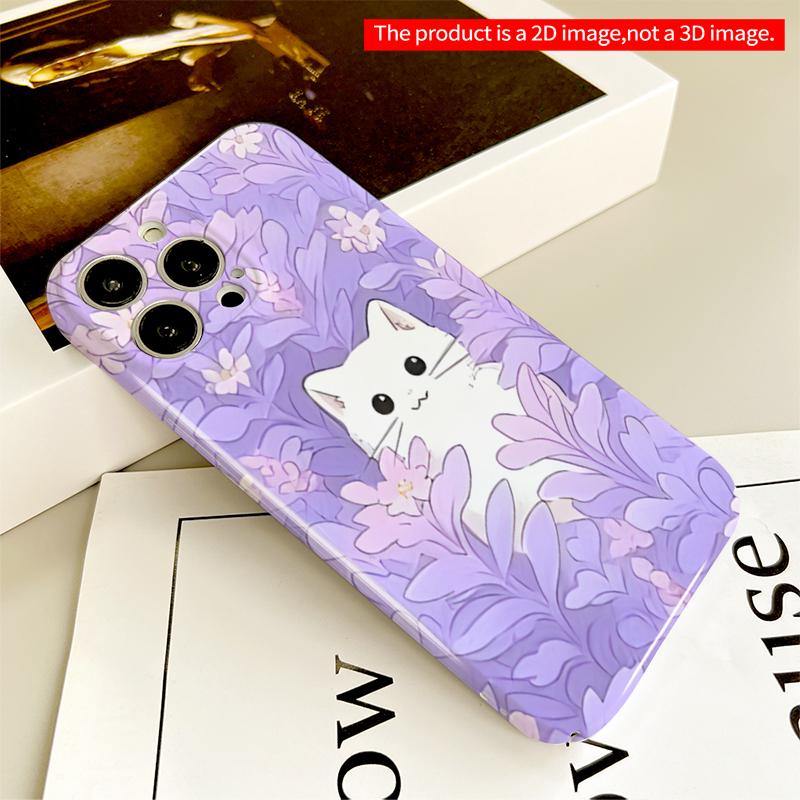 2DFlat White Cat Amid Purple Flowers Phone Case All inclusive film hard iPhone case, compatible with iPhone 18 Pro Max 17 16 15 14 13 12 11