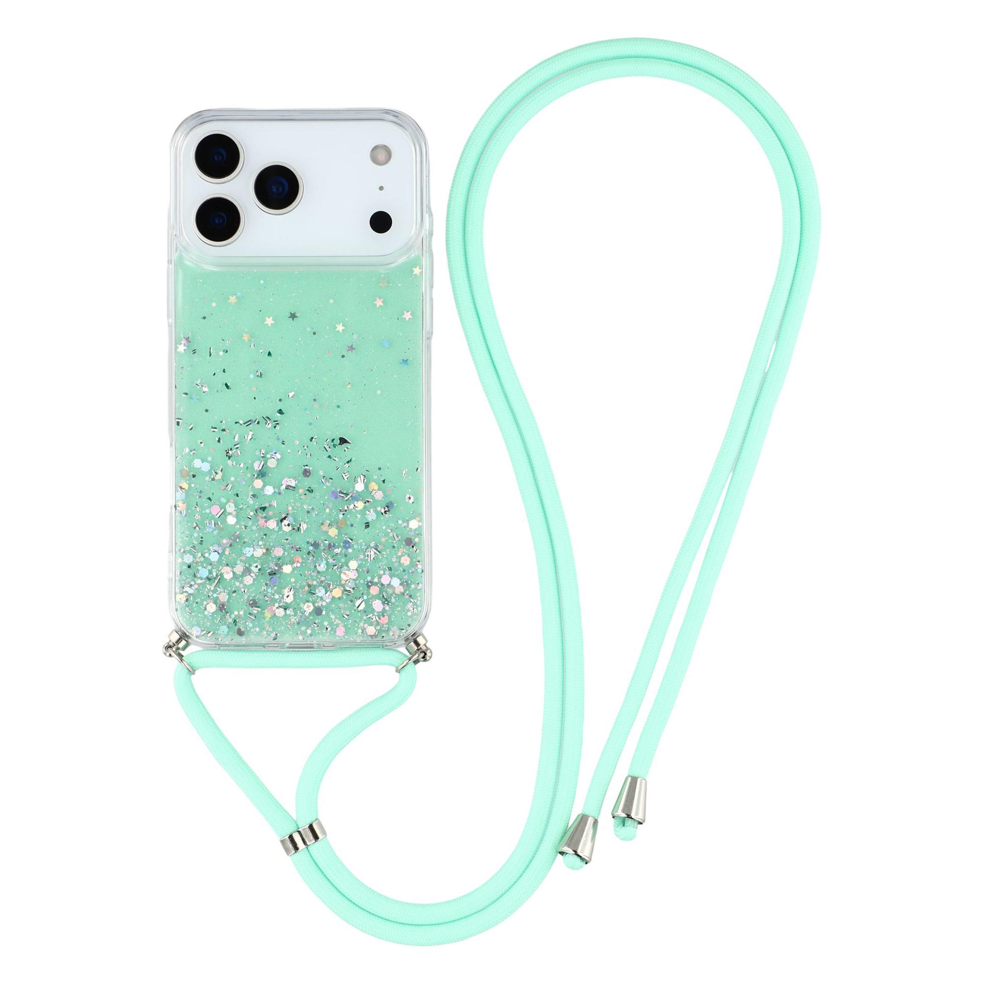 

For iPhone 17 Pro Case Cute Bling TPU Epoxy Phone Cover with Lanyard Green