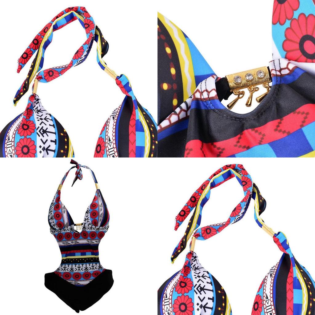 Summer Sexy Hollow Out Spliced Printed Bandage Swimwear For Women In Premium Quality