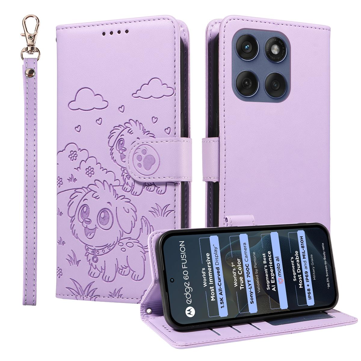 

For Motorola Edge 60 5G/60 Pro 5G/60 Fusion 5G Case RFID Blocking Imprint Dog Pattern PU Leather Phone Cover with Wrist Strap Purple