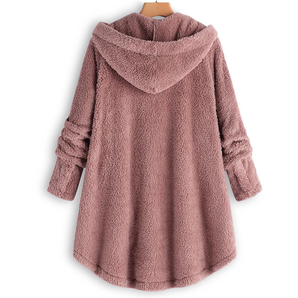 Femei Plus Size Button Plush Tops Cu Glugă Cardigan Lângă Lână Jachetă de iarnă
