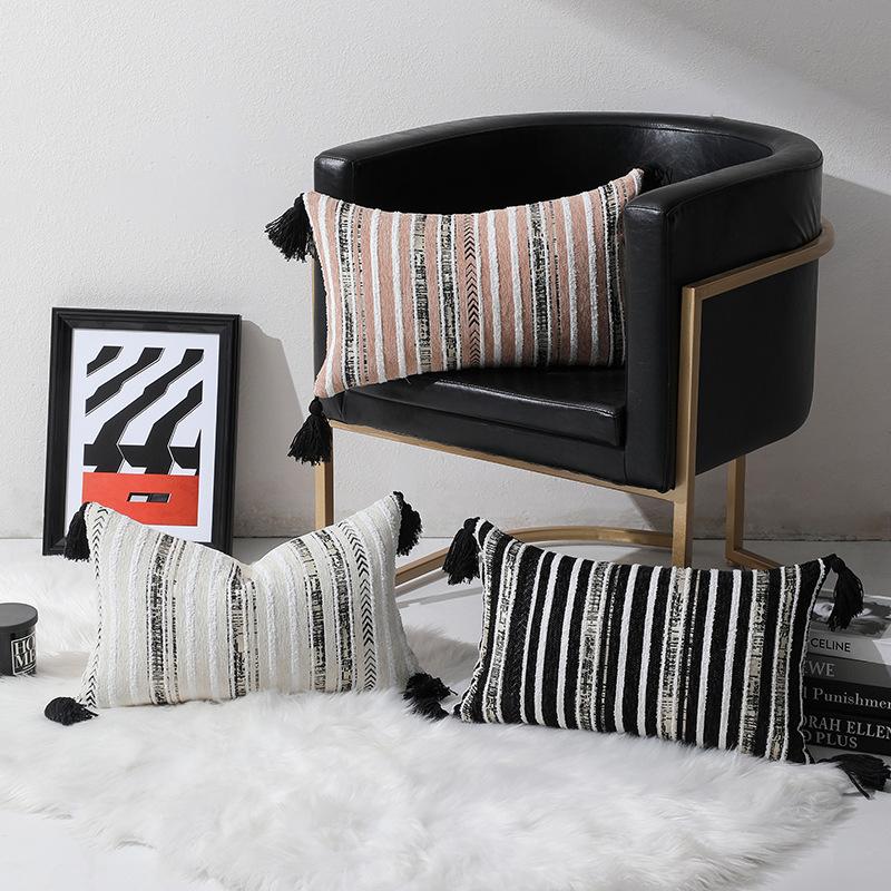 Einfache Chenille Kissenhülle 50x50 Garngefärbt Jacquard Streifen Geometrisch Fransen Sofa Kissenbezug Cojines Decor Zuhause