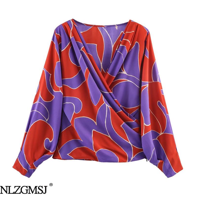 2026 Spring European-American Style Fashion Print Satin Padded Shoulder Shirt XS