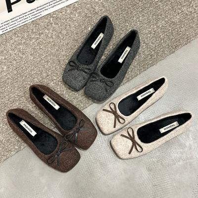 Xiaoxiangfeng Square Head Velvet Soft-soled Cotton Single Shoes Women's 2025 Autumn and Winter New Shallow Bow Flat Mary Jane Shoes