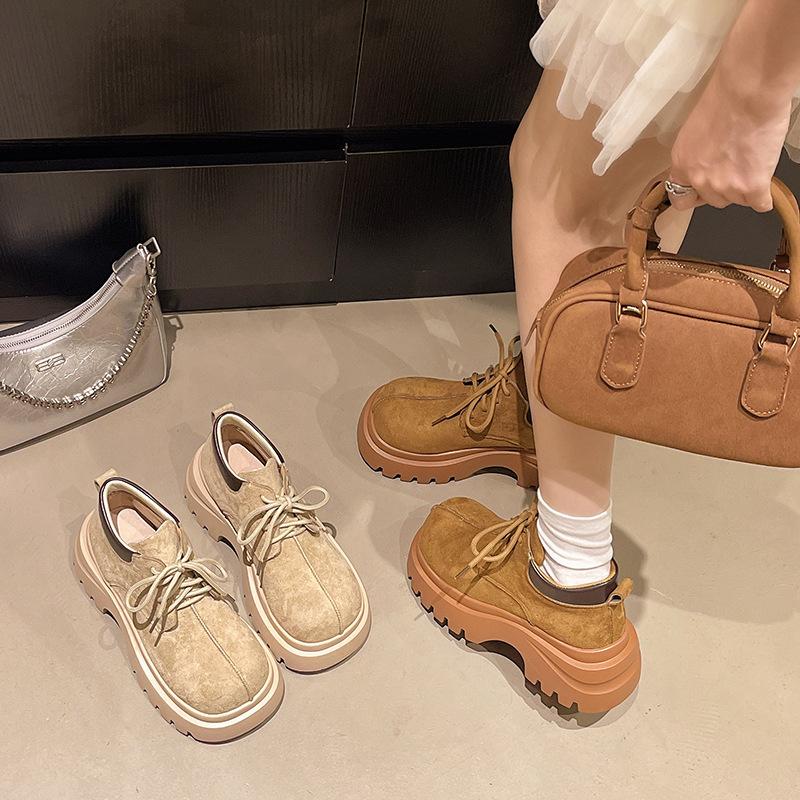 Muffin Platform Big Head Shoes Women's 2025 New Autumn Lace-up Retro British Martin Boots Versatile Casual Shoes